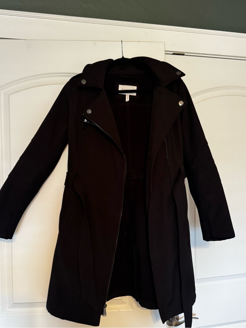 BCBGeneration Black Long Trench Coat with Asymmetrical Zip